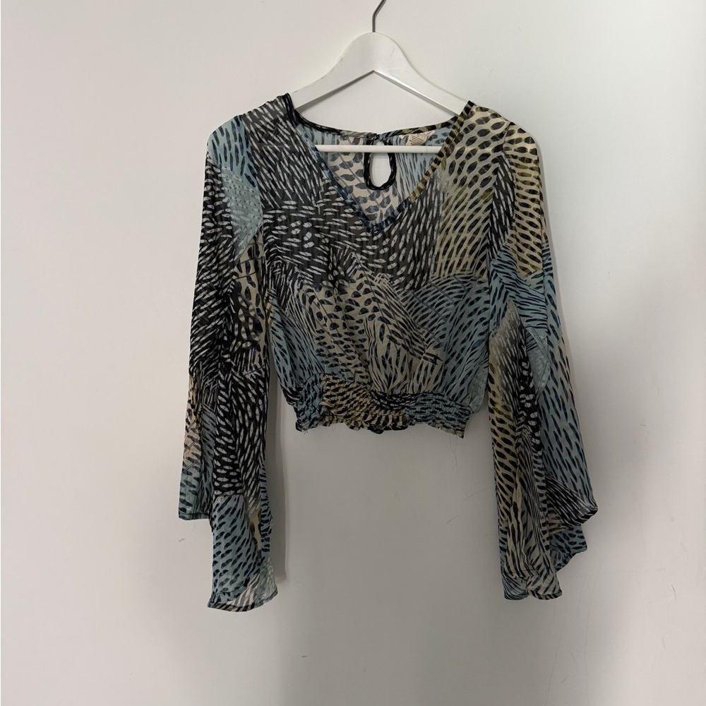 Sheer Flowy Black and Blue Patterned Women's Blouse